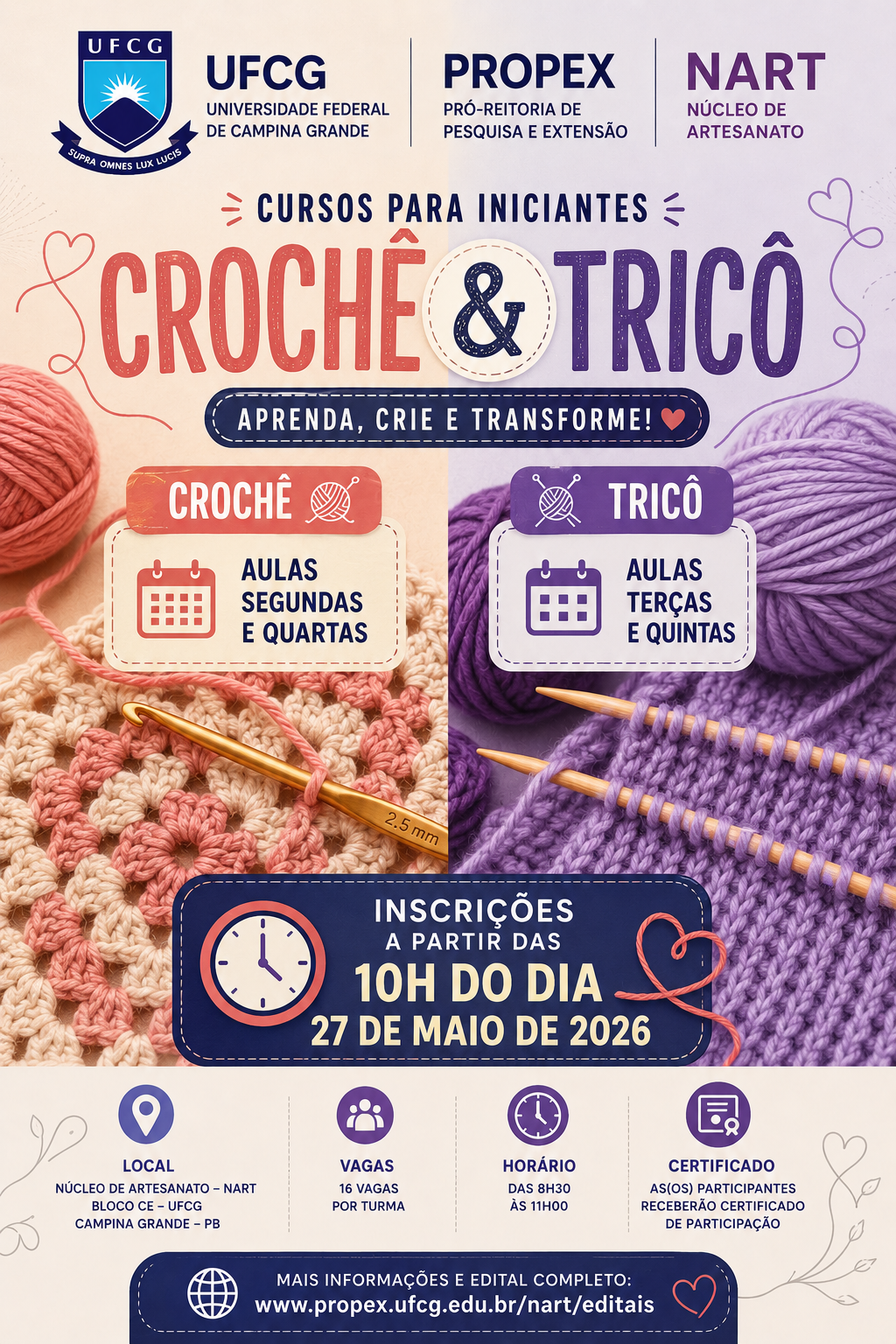 NÚCLEO DE ARTESANATO OFERTA CURSOS DE CROCHÊ E TRICÔ